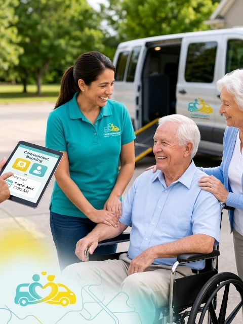 CareConnect driver with clients - booking shown on tablet CareConnect driver with clients - booking shown on tablet